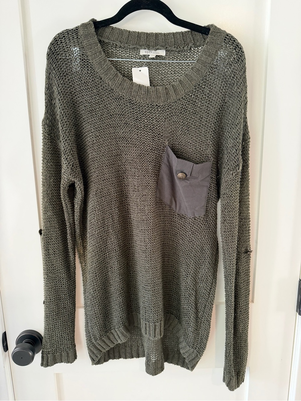 Cozy Casual Olive Scoop Neck Knit Sweater with Pocket